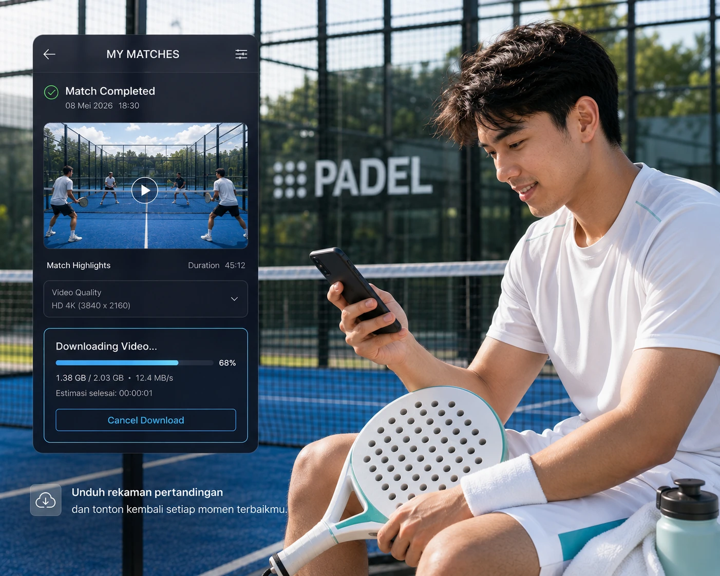 Pemain padel mengakses hasil pertandingan melalui smartphone