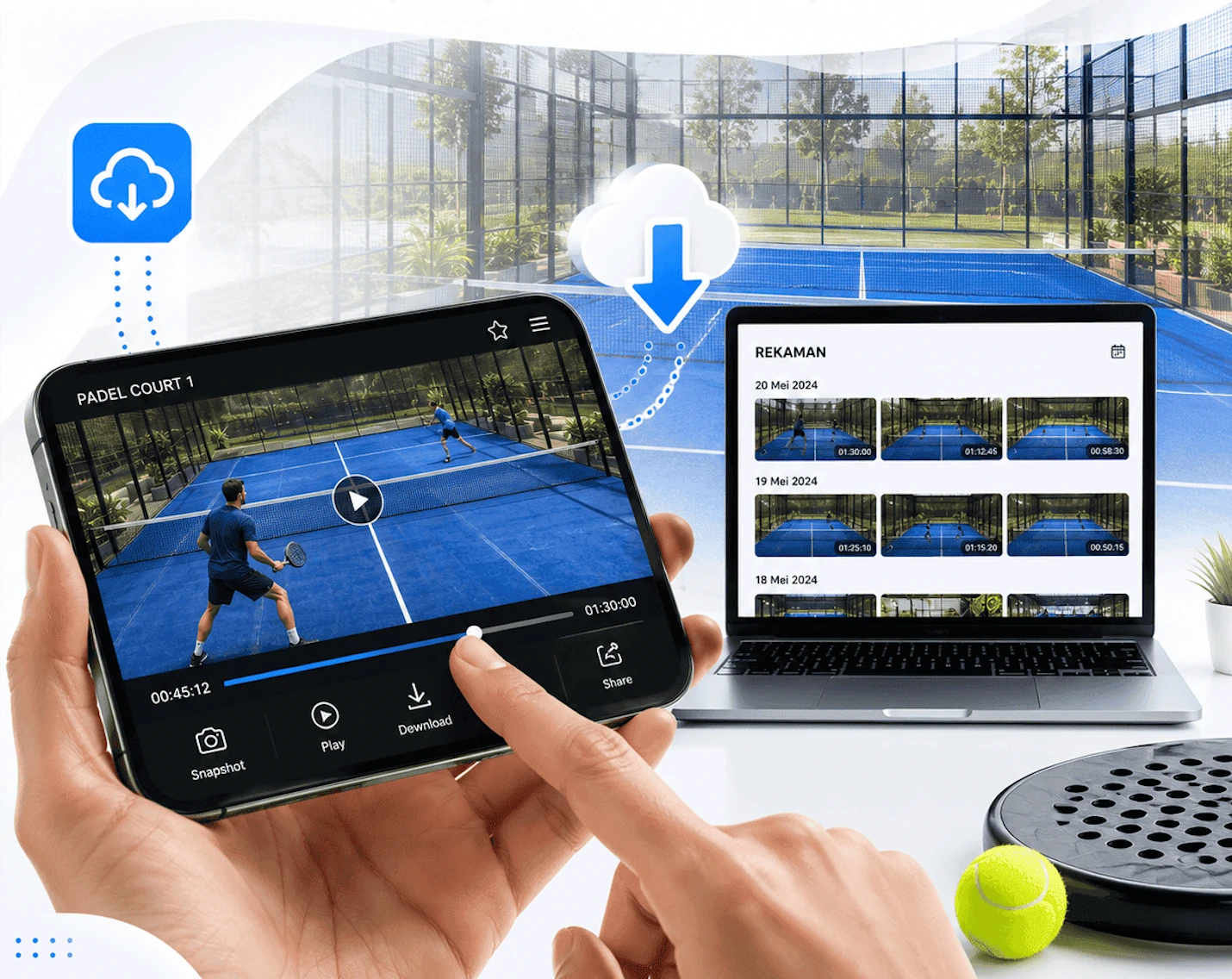 Akses rekaman pertandingan padel melalui smartphone dan perangkat lain
